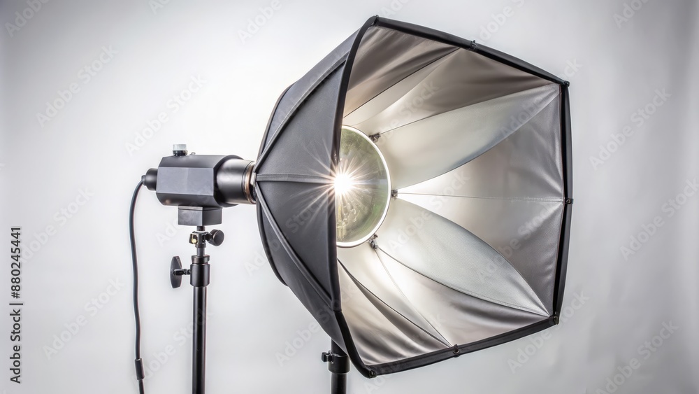High-quality studio lighting equipment, softbox diffuser attached to a flash unit, sitting isolated on a clean white background surface. High-quality studio lighting equipment, softbox diffuser attached to a flash unit, sitting isolated on a clean white background surface.