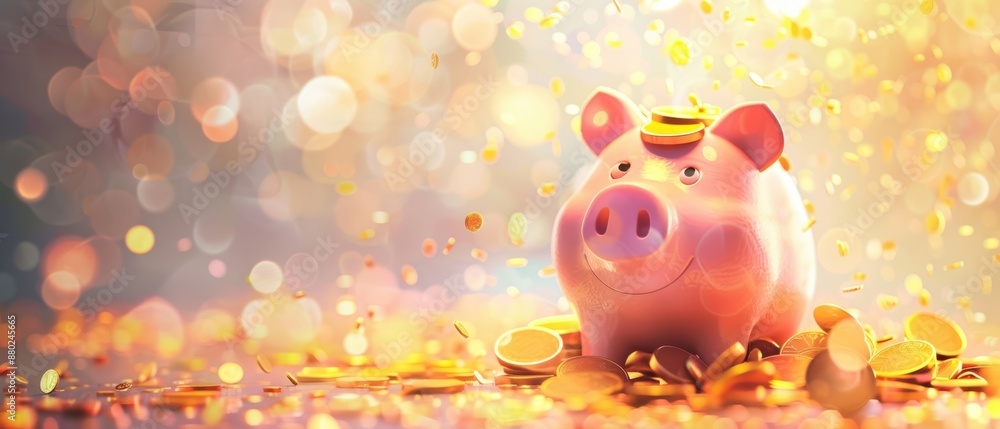 Piggy bank with coins pouring down, colorful ceramic, bright and cheerful scene, soft light, Illustration Piggy bank with coins pouring down, colorful ceramic, bright and cheerful scene, soft light, Illustration