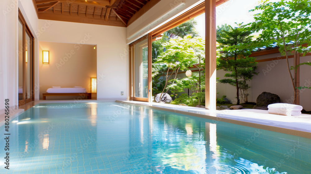 custom made wallpaper toronto digitalTranquil indoor pool with sliding doors opening to a lush Japanese garden, featuring wooden beams and minimalist design elements.
