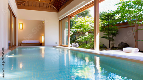 Wallpaper Mural Tranquil indoor pool with sliding doors opening to a lush Japanese garden, featuring wooden beams and minimalist design elements.
 Torontodigital.ca