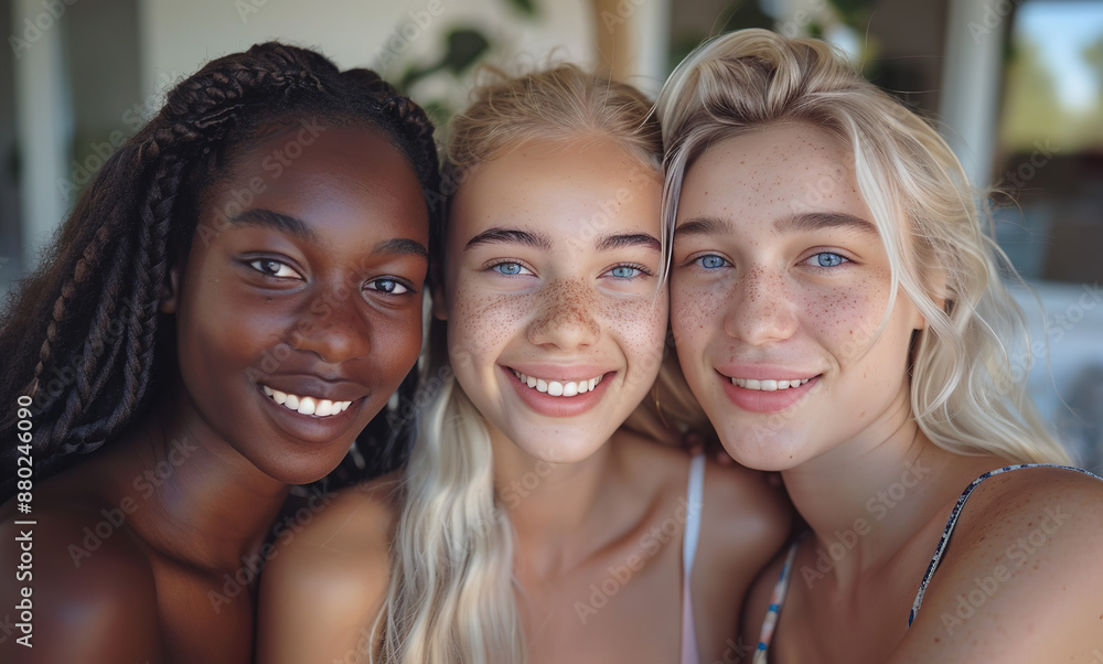 Celebrating unity: Three friends with varied skin tones pose for a fun selfie in casual summer wear, a testament to beauty and diversity at home. Celebrating unity: Three friends with varied skin tones pose for a fun selfie in casual summer wear, a testament to beauty and diversity at home.