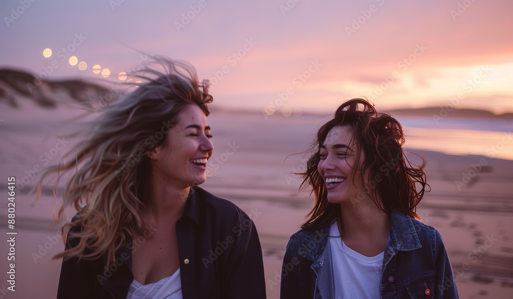 Sunset Beach Amity: Two Women Laughing and Strolling on the Shore, Basking in Friendship Against a Serene Empty Sea View Sunset Beach Amity: Two Women Laughing and Strolling on the Shore, Basking in Friendship Against a Serene Empty Sea View