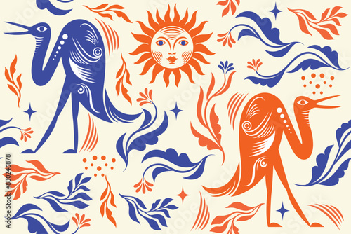 Seamless floral pattern with birds, branches and flowers, the elegance of a beautiful botanical pattern on the theme of nature and folk motif