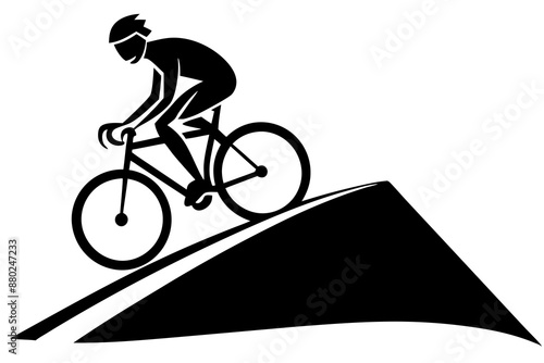A racer is riding a bicycle on a hilly road silhouette vector art illustration
