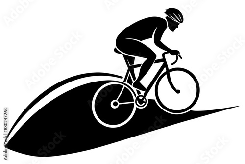 A racer is riding a bicycle on a hilly road silhouette vector art illustration
