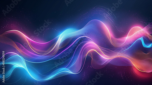 A dynamic, flowing wave of light in glowing neon colors on a dark background. The waves should have an ethereal quality and appear to be made up of energy or cosmic dust © Danimotions