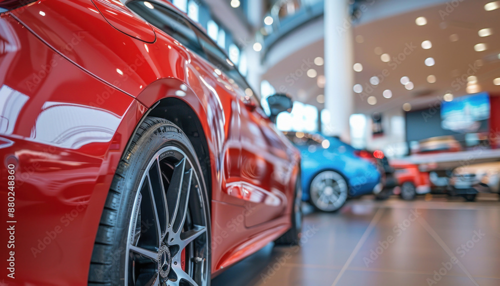 In a car showroom, a red car is parked, showcasing wheels, tires, hood, and lighting features In a car showroom, a red car is parked, showcasing wheels, tires, hood, and lighting features