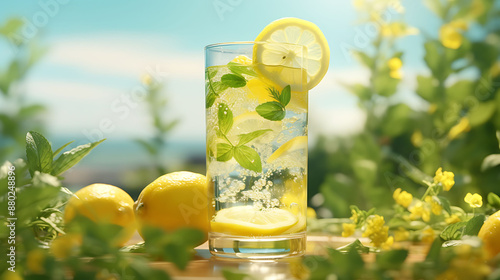 Quench your thirst with the refreshing sight of a tall glass of lemonade, garnished with a slice of lemon and sprig of mint, condensation glistening on the surface, capturing the essence 
