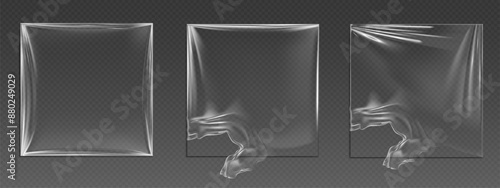 Transparent plastic vinyl wrap whole and torn with wrinkles and overlay effect. Realistic 3d vector illustration set of polyethylene tape pack cover with shrink and hole. Intact and broken stretch.