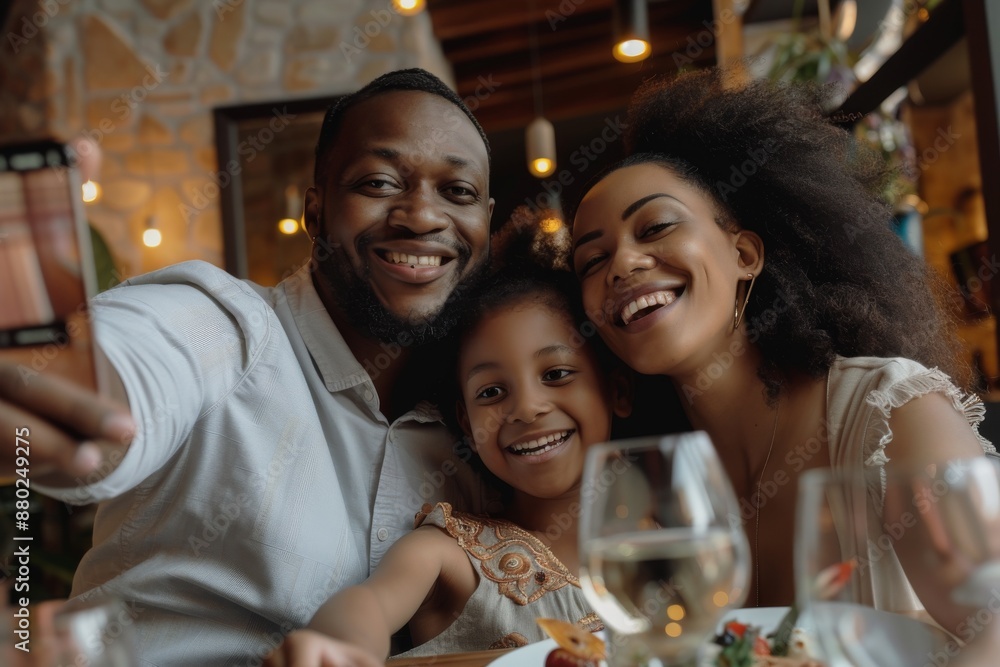 Happy black family having fun taking selfie in dining room Happy black family having fun taking selfie in dining room