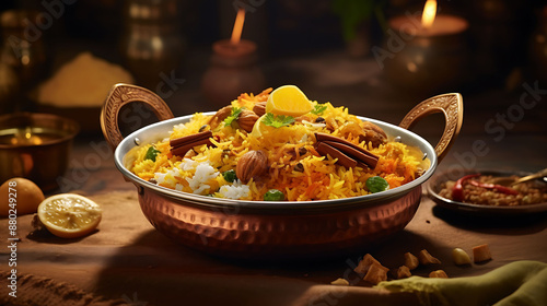 Transport yourself to a culinary paradise with a captivating top view of biryani, its vibrant colors and enticing aromas captured in exquisite detail, promising a delightful gastronomic experience