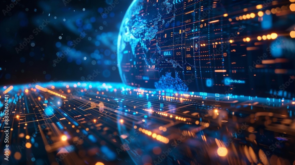 A cybernetic representation of the Earth with glowing blue grid lines A cybernetic representation of the Earth with glowing blue grid lines