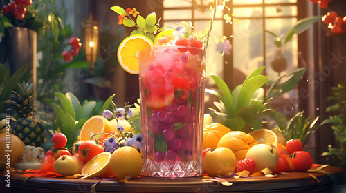 Transport yourself to a tropical paradise with the sight of a tall glass brimming with a fruity summer cooler, adorned with colorful umbrellas 