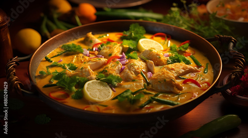 Treat yourself to a bowl of fragrant fish curry, infused with a harmonious blend of spices and herbs, its vibrant colors and inviting aroma captured in stunning high-definition detail