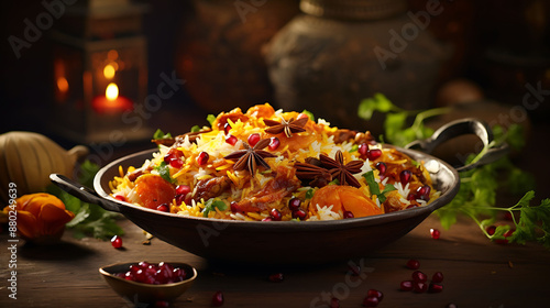 Treat yourself to a culinary delight with a plate of beautifully decorated biryani, bursting with flavor and color, expertly photographed to showcase its mouthwatering appeal