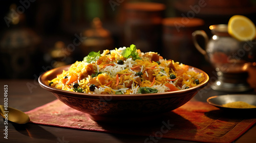 Treat yourself to a culinary delight with a plate of beautifully decorated biryani, bursting with flavor and color, expertly photographed to showcase its mouthwatering appeal