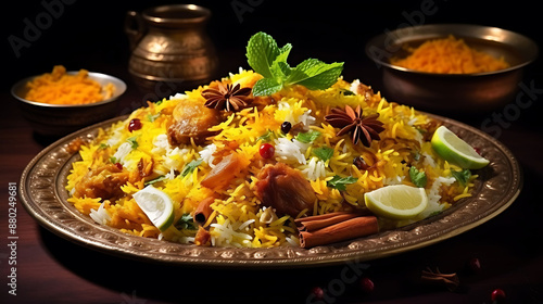 Treat yourself to a culinary delight with a plate of beautifully decorated biryani, bursting with flavor and color, expertly photographed to showcase its mouthwatering appeal