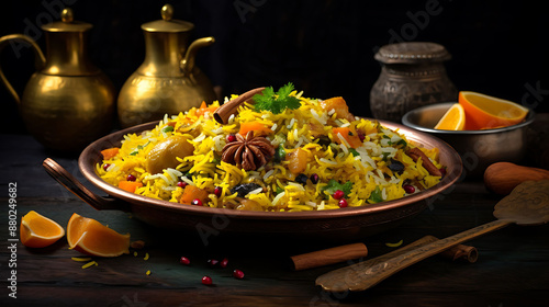Treat yourself to a culinary delight with a plate of beautifully decorated biryani, bursting with flavor and color, expertly photographed to showcase its mouthwatering appeal