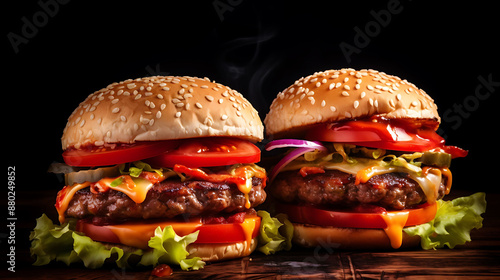 Two mouthwatering burgers, one featuring juicy beef patties and the other with savory ham, both stacked with fresh lettuce, ripe tomatoes, and tangy sauces, ready to tantalize your taste buds