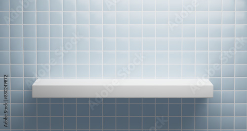 White shelf on pastel blue wall with square tile pattern. Bathroom or kitchen interior product podium. Realistic 3d vector illustration restroom or cuisine scene with empty goods display podium mockup
