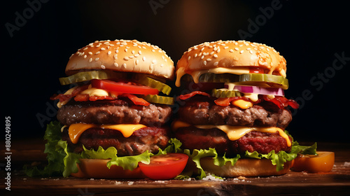Two mouthwatering burgers, one featuring juicy beef patties and the other with savory ham, both stacked with fresh lettuce, ripe tomatoes, and tangy sauces, ready to tantalize your taste buds