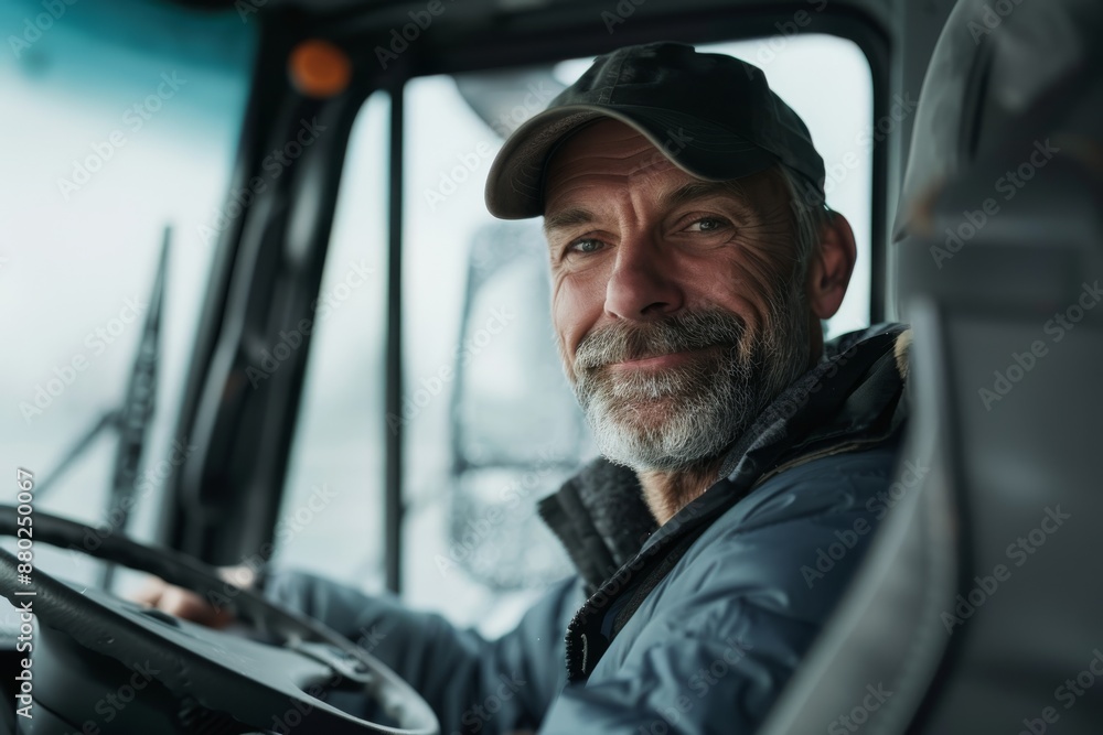 Happy bus driver behind steering wheel looking at camera Happy bus driver behind steering wheel looking at camera