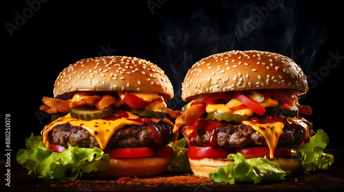 Two mouthwatering burgers, one featuring juicy beef patties and the other with savory ham, both stacked with fresh lettuce, ripe tomatoes, and tangy sauces, ready to tantalize your taste buds