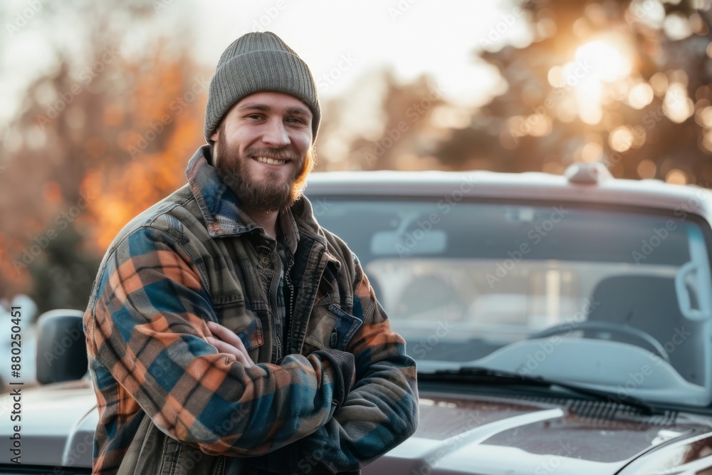 Happy confident male driver standing in front on his truck and looking at camera Happy confident male driver standing in front on his truck and looking at camera