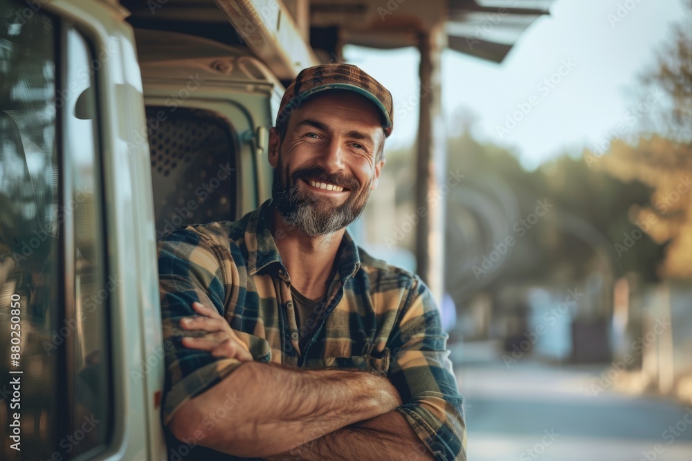 Happy confident male driver standing in front on his truck and looking at camera Happy confident male driver standing in front on his truck and looking at camera