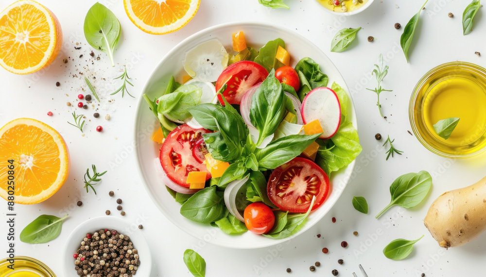 On the table there is a bowl filled with salad and surrounded by various fruits and vegetables On the table there is a bowl filled with salad and surrounded by various fruits and vegetables