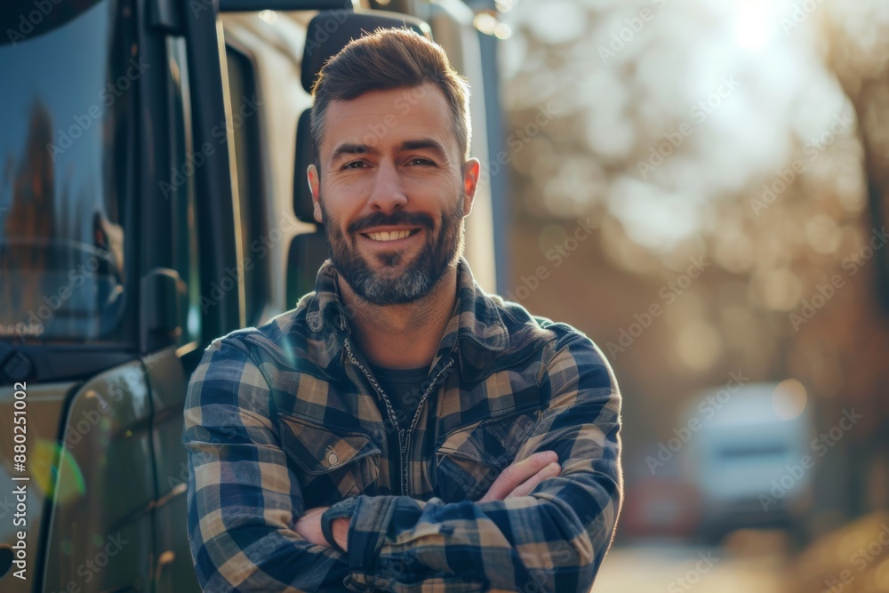 Happy confident male driver standing in front on his truck and looking at camera Happy confident male driver standing in front on his truck and looking at camera