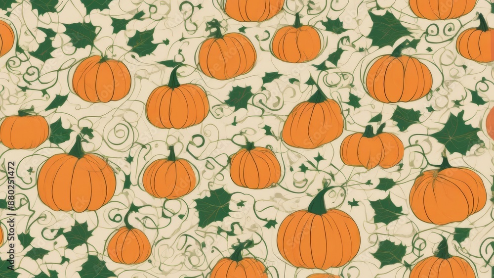 Repeating pattern of various-sized orange pumpkins with green leaves and vines. The design is playful and festive, ideal for fall and Halloween decorations. Repeating pattern of various-sized orange pumpkins with green leaves and vines. The design is playful and festive, ideal for fall and Halloween decorations.