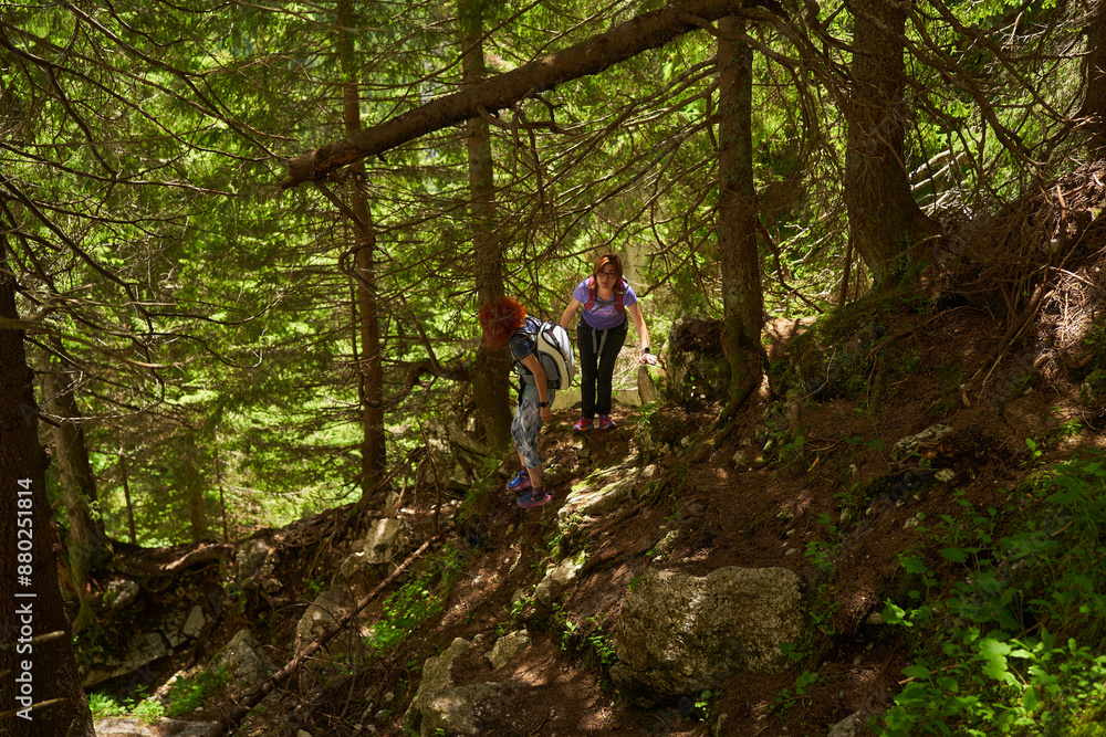 Women with backpacks hiking in the mountains Women with backpacks hiking in the mountains