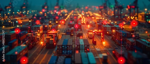 Aerial view of a busy container port at night, with illuminated cranes and cargo containers.