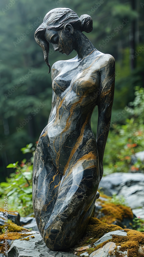 A Contemporary Art Of Pretty Female Stoneware Garden Sculpture On Selective Focus Background A Contemporary Art Of Pretty Female Stoneware Garden Sculpture On Selective Focus Background