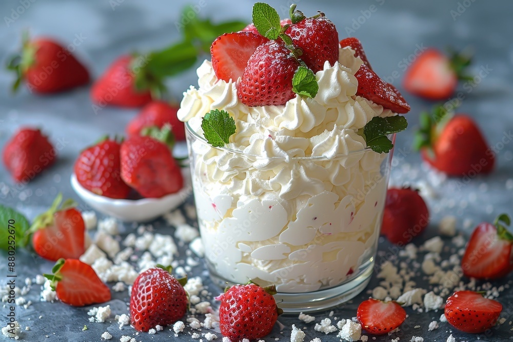 A serving of Eton mess, with crushed meringues, whipped cream, and fresh strawberries, arranged in a glass. A serving of Eton mess, with crushed meringues, whipped cream, and fresh strawberries, arranged in a glass.