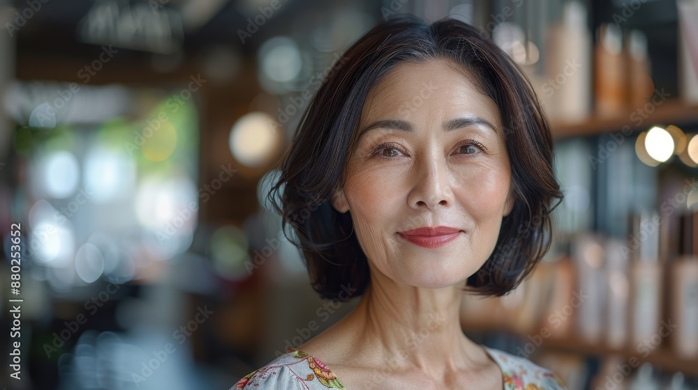 Portrait of a Smiling Woman in a Flowery Blouse. Portrait of a Smiling Woman in a Flowery Blouse.