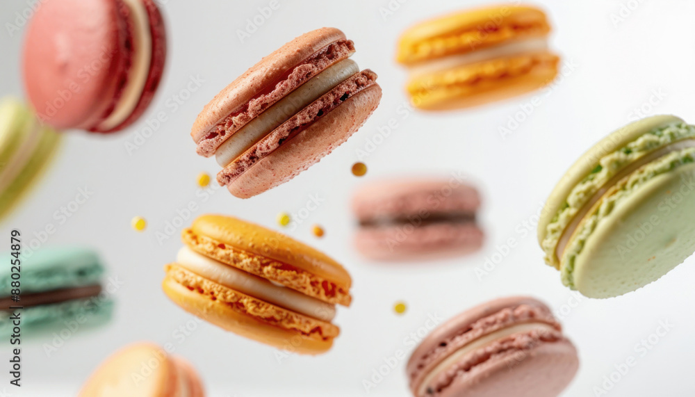 A wide selection of vibrant macarons are floating in unison amidst the atmosphere A wide selection of vibrant macarons are floating in unison amidst the atmosphere