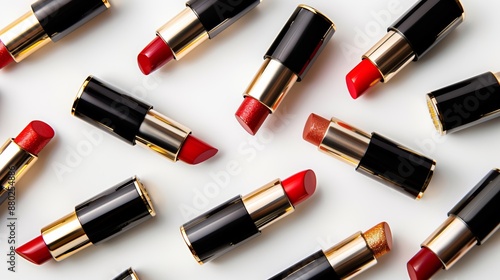 Top view photo of assorted lipsticks in elegant tubes on white background.