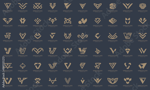 Luxurious icon set letter V logo vector ideas. Modern design elements, symbols, lines, signs, shapes, for your inspiration business.
