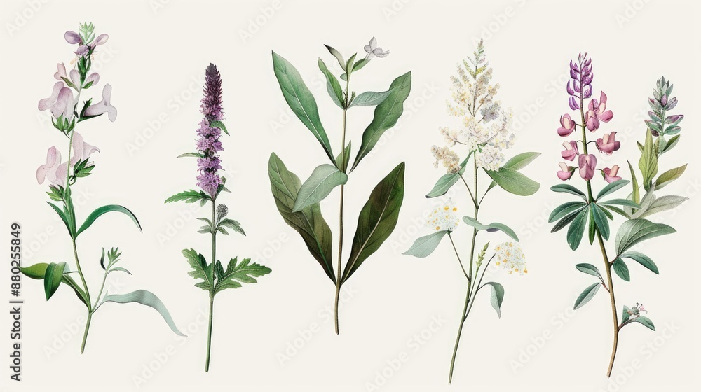 Fototapeta premium Detailed botanical illustrations with realistic textures and colors.