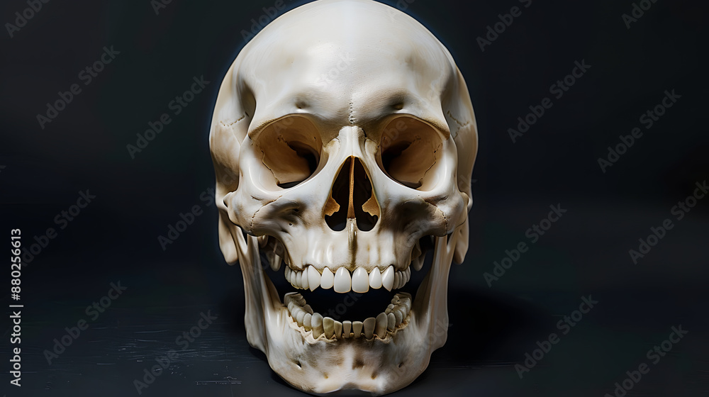 Fototapeta premium human skull with wide open mouth on black background 3d rendering