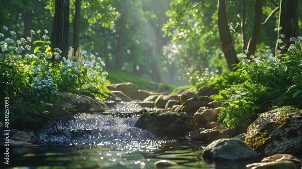 Fototapeta premium Photorealistic Summer Forest Creek | Summer Background | Photorealistic