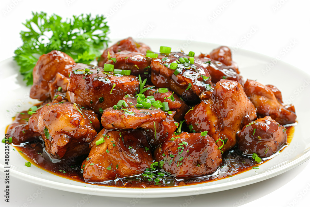 a plate of meat with sauce and garnish a plate of meat with sauce and garnish