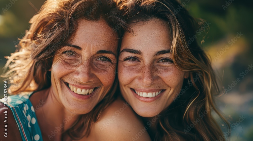 Two smiling women of different ages looking at each other holding hands close up. Young girl hugs mother from behind Warmth in relationships between parents and adult children Two smiling women of different ages looking at each other holding hands close up. Young girl hugs mother from behind Warmth in relationships between parents and adult children