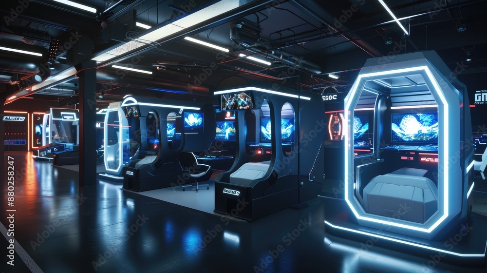 A futuristic e-sports arena with immersive gaming pods A futuristic e-sports arena with immersive gaming pods