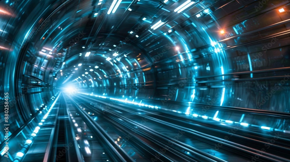 A dynamic light tunnel with glowing blue lines that twist and flow towards a central point The scene captures the essence of rapid motion and advanced technology in a sleek A dynamic light tunnel with glowing blue lines that twist and flow towards a central point The scene captures the essence of rapid motion and advanced technology in a sleek