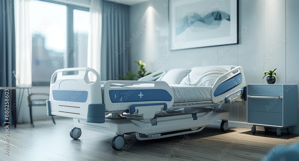 Modern hospital room with an adjustable bed in a bright, clean environment Modern hospital room with an adjustable bed in a bright, clean environment
