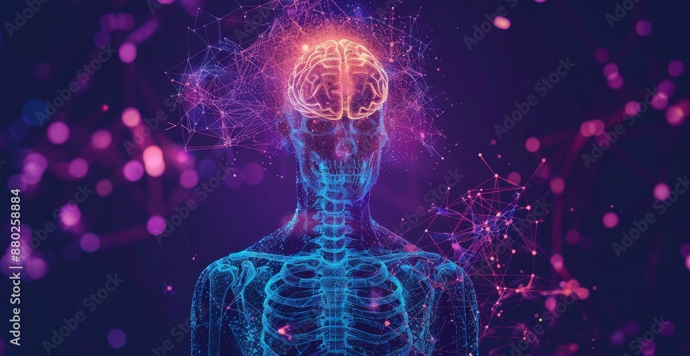 Digital illustration of the human brain and body with neural network connections and glowing effects Digital illustration of the human brain and body with neural network connections and glowing effects