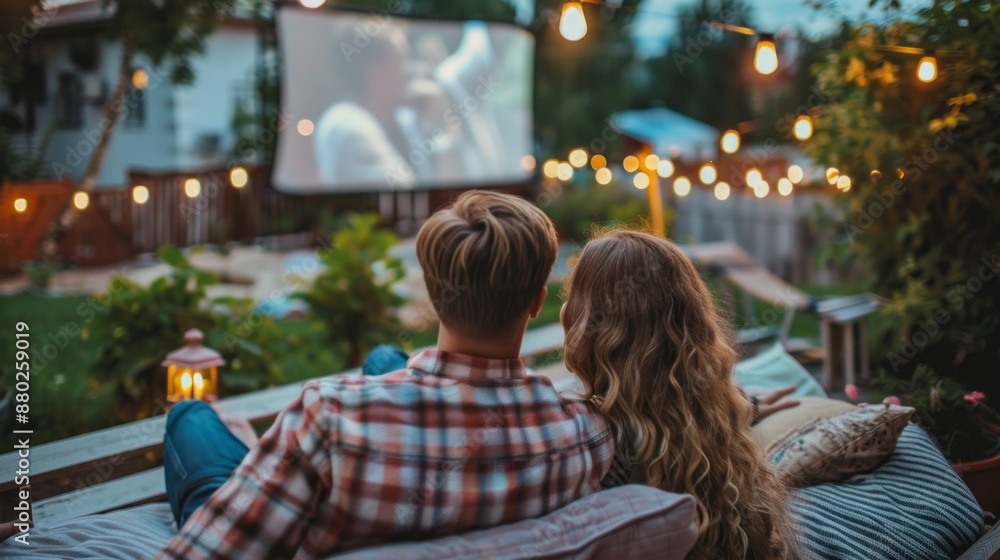 Couple Watching Movie In Backyard At Night Couple Watching Movie In Backyard At Night